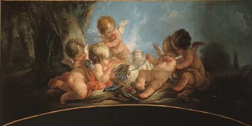 Groep van vijf geliefden die met twee schapen spelen