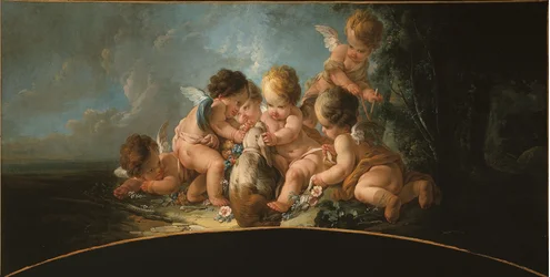 Groep van zes Geliefden die met een hond spelen, circa 1761