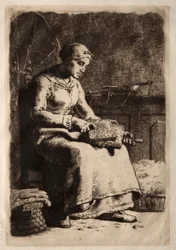 Vrouw kaarden (ets)