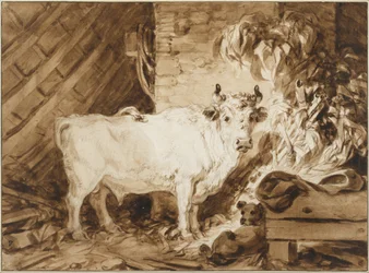 Witte Stier en een Hond in een Stal
