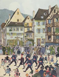 Herr Forstner verlaat Saverne met zijn soldaten na het kopen van chocolade in 1913, illustratie uit 