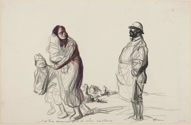 a) Het is te gevaarlijk in de buurt van uw ambulance (recto); b) Studie van moeder en kinderen (verso)