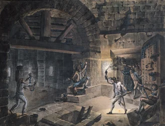 Gezicht op een cel in de Bastille op het moment van de vrijlating van gevangenen op 14 juli