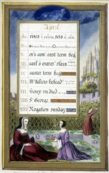 April: Dames in een tuin (Stier) - facsimile van de Uren van Anne van Bretagne, door Jean Bourdichon