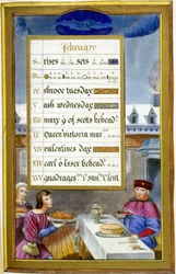 Februari: Maaltijdscène (Vissen) - facsimile van de Getijden van Anne van Bretagne, door Jean Bourdichon