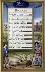 November en teken van boogschutter: varkensfokkerij - facsimile van de Getijden van Anne de Bretagne