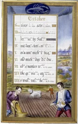 Oktober: ploegen en zaaien, teken van de schorpioen - in Book of hours of Anne of Brittany