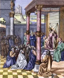 Cyrus II de Grote (580 v.Chr. - 530 v.Chr.), koning van Perzië, bevrijdde de Joden die in 539 v.Chr. naar Babylon waren verbannen. Gravure naar een miniatuur van Jean (Jehan) Fouquet (ca. 1420 -1477/1481). Gravure door Chevignard