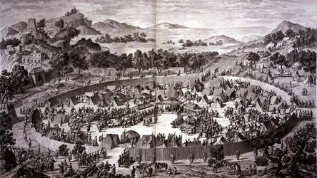 Tchao-Hoei in zijn kamp onder de muren van Yerechim ontvangt de eerbetuigingen van de inwoners van de stad en provincie in juli 1759, plaat 4 uit de serie prenten die de veroveringen van Qianlong, de keizer van China, voorstellen, gegraveerd door Pierre Ph