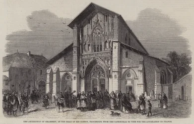 De Aartsbisschop van Chambéry, aan het hoofd van zijn Geestelijkheid, die van de Kathedraal naar de Stembus gaat voor de Annexatie aan Frankrijk