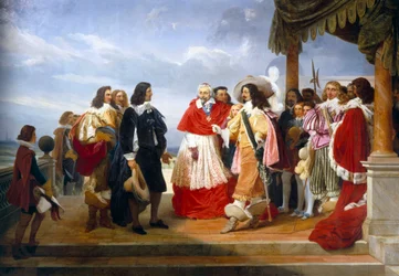 Nicolas Poussin Franse schilder die uit Rome komt wordt voorgesteld aan Lodewijk XIII Koning van Frankrijk door Kardinaal Richelieu (detail)