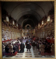 De Staten-Generaal van Parijs 27 oktober 1614 De vergadering werd gehouden in het Louvre, koning Lodewijk XIII zat voor met zijn moeder Marie de Medicis. Schilderij door Jean Alaux (1786-1864), genaamd le Romain
