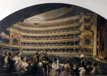 Het publiek in een loge van het Bolshoi Theater (Moskou, Rusland). Werk van Jean Alexandre Duruy