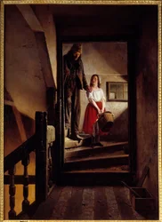 De stok van de ouderdom. Een klein meisje helpt een oude man een trap af. Schilderij van Jean Alphonse Roehn (1799-1864), 1852, Rouen, Musée des Beaux-Arts