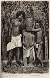 Een inwoner van het eiland Hiva-Oa en zijn zoon, omringend een gesneden houten idool dat de god Tiki voorstelt, in de archipel van de Marquesas-eilanden, gegraveerd naar een tekening van A. Rixens ter illustratie van de herinneringen aan de Stille Oceaan, 