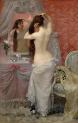 Jonge naakte vrouw die haar haar kamt in een interieur, 1887