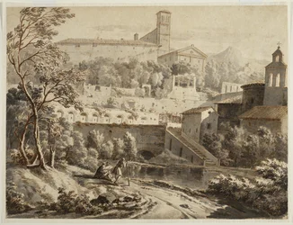 Een kunstenaar schetst langs een rivier, onder een Italiaanse stad, c.1780
