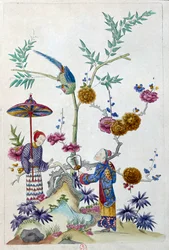 Tekening komt van een Chinese vaas: paar in een tuin. Schilderij door Jean Antoine Fraisse (18e eeuw)