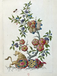 Tekening van een Chinese vaas: bloemen tak. Schilderij door Jean Antoine Fraisse (18e eeuw)