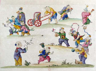 Tekening van een Chinese vaas: kinderspel. Schilderij door Jean Antoine Fraisse (18e eeuw)