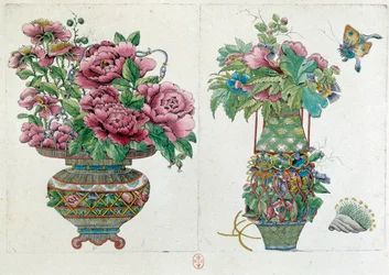 Tekening van een Chinese vaas: bloempot. Schilderij door Jean Antoine Fraisse (18e eeuw)