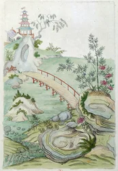 Tekening van een Chinese vaas: landschap met brug. Schilderij door Jean Antoine Fraisse (18e eeuw)