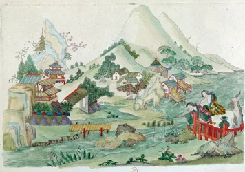 Tekening van een Chinese vaas: landschap met rivier en figuren