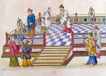 Tekening van een Chinese vaas: scène in het paleis. Schilderij door Jean Antoine Fraisse (18e eeuw)