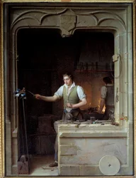 Een slotenmaker probeert zijn vijl aan een gaai te laten bijten. Illustratie voor Jean de La Fontaine