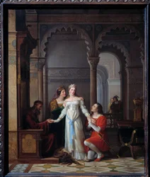 Ezelsvel Illustratie van het sprookje door Charles Perrault met de jonge prinses in het paleis van haar vader die verliefd op haar is