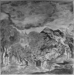 Mensen die langs het lijk van Marat lopen bij de grot van Les Cordeliers, 1793