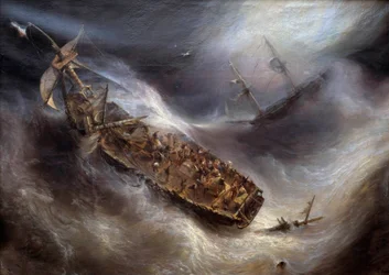 Devotie van Kapitein Dess, van Bordeaux, naar het Columbus Nederlandse schip, in de storm