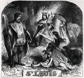 St. Louis spreekt recht onder een eik in Vincennes, uit 