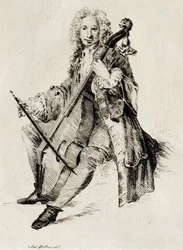 Cellospeler, gravure, Frankrijk