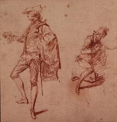 Tekening van een jonge man staand en een andere knielend