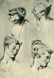 Vier studies van vrouwelijke hoofden, begin 18e eeuw, 1943