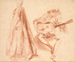 Meisje staand in profiel naar links, met een Man, spelend op een Gitaar, begin 18e eeuw