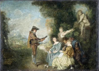 De liefdesles (scène in een tuin met standbeeld en muzikant)