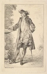 Staande man met zijn rechterhand rustend op een bassin, getoond in driekwart zicht, ca. 1710