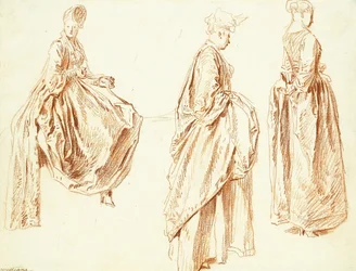 Drie dames in profiel naar rechts, een zittend, c.1713-14