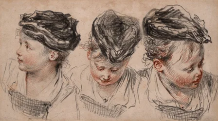 Drie kopstudies van een meisje met hoed (zwart en rood krijt, grafiet, watermerk met letters)