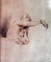 Naakte vrouw, arm geheven. Sanguinetekening van Jean-Antoine Watteau (1684-1721), 18e eeuw. 0,28 x 0,23 m. Parijs, Musée du Louvre