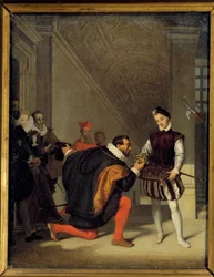Don Pedro de Toledo, ambassadeur van Filips II, kust het zwaard van Hendrik IV (1553-1610). Trap van Hendrik II in het Louvre. Schilderij door Jean Auguste Dominique Ingres (1780-1867)