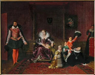 De Franse koning Henri IV speelt met zijn kinderen als de Spaanse ambassadeur binnenkomt (schilderij op doek)