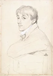 Jean-Louis Provost, zittend en rustend met zijn linkerarm op de rug van een stoel, 1813