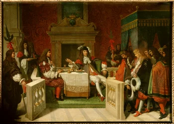 Lodewijk XIV en Molière: koning Lodewijk XIV (1638-1715) en Jean Baptiste Poquelin, genaamd Molière (1622-1673), aan tafel voor de hovelingen. Schilderij van Jean Auguste Dominique Ingres (1780-1867)