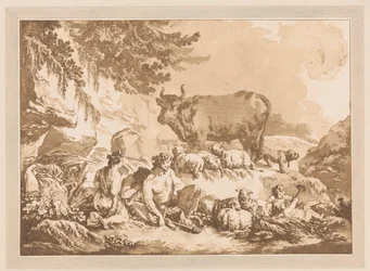 Rustende saters tussen schapen en een koe in een landschap
