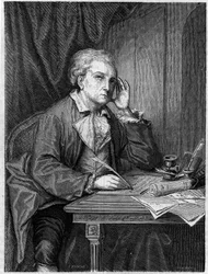 Portret van Nicolas Alexandre Dezede, Franse componist. Gravure naar een portret van Greuze