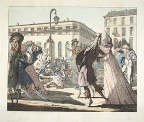 Le Petit Coblentz, Boulevard de Grand sous le Directoire, gegraveerd door Eugene Loizelet, pub. 1978 (handgekleurde gravure)