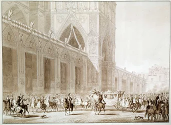 De aankomst per koets van Keizer Napoleon I en Keizerin Josephine de Beauharnais bij de Kathedraal Notre Dame de Paris op de dag van de Heilige
